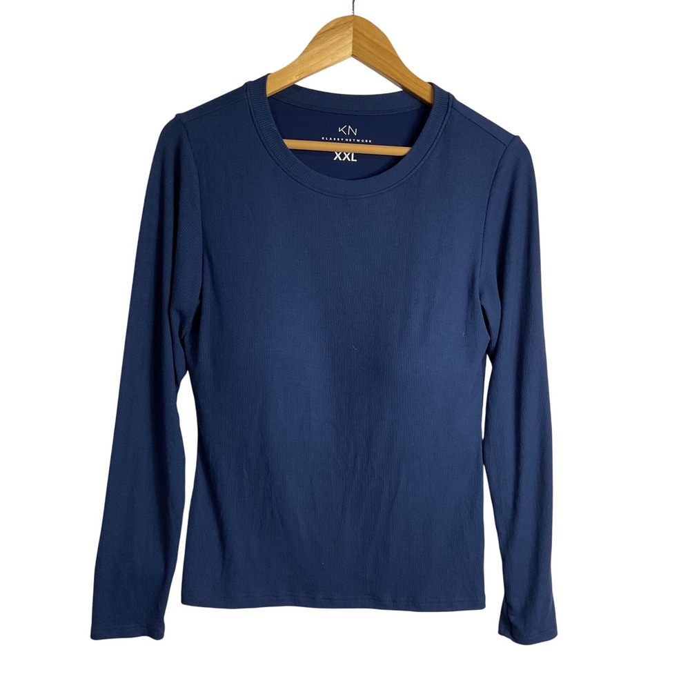 Klassy Network Navy Blue Ribbed Long Sleeve Crew Neck Brami Top XXL built bra